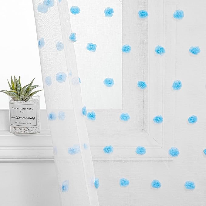 MYSKY HOME Light Blue Pom Pom Sheer Curtains for Girls Bedroom - 45 Inch, Light Filtering, Nursery, Kids Room, Rod Pocket, Cafe Style, Small Window Panels, 52 x 54 in, Set of 2