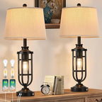 28" Table Lamps for Living Room Set of 2, Farmhouse Lamps for Night Stands with USB A+C, Bedside Lamps for Bedroom End Tables, Bulbs Included, Black
