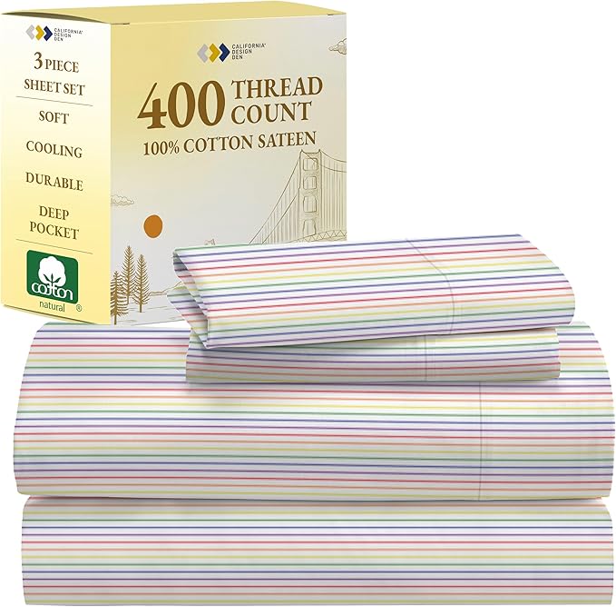 California Design Den Deep Pocket Twin Sheets Set - 400 Thread Count Sateen, Natural 100% Cotton Sheets, Cooling and Durable Bedding Set - Rainbow Striped