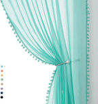 Treatmentex Aqua-Blue Pom-Pom Sheer Curtains for Bedroom Nursery Room 63inches Long Linen Textured Window Sheer Drapes 52" W, 1 Pair, Rod Pocket