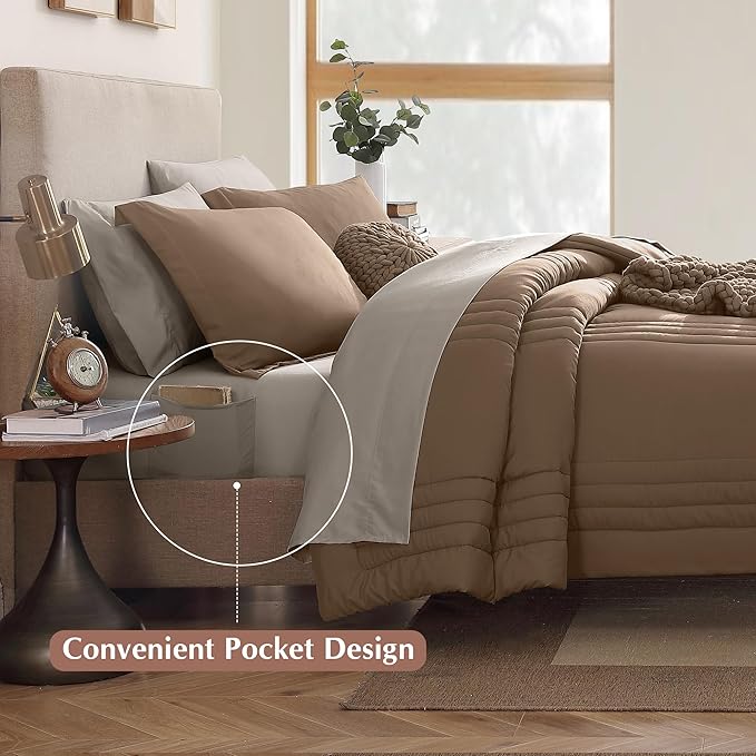 Monbix Queen Comforter Set - 7 Pieces Raw Umber Bed in a Bag Queen Bedding Sets with Comforters, All Seasons Down Alternative Comforter Bed Set with Sheets,Pillowcases & Shams