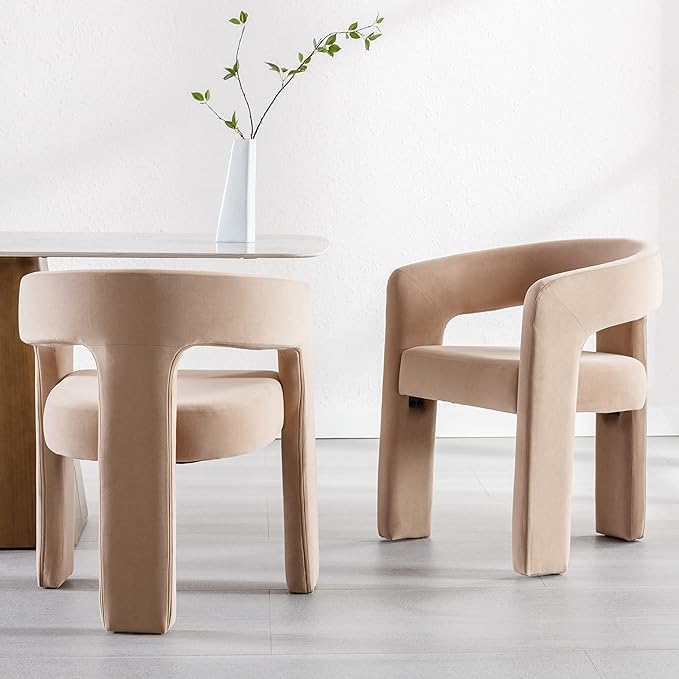 Modern Barrel Dining Chairs Set of 4, Velvet Upholstered Accent Side Chair with Arms Comfy Makeup Vanity Chairs, Dining Living Room Kitchen Chairs, Khaki