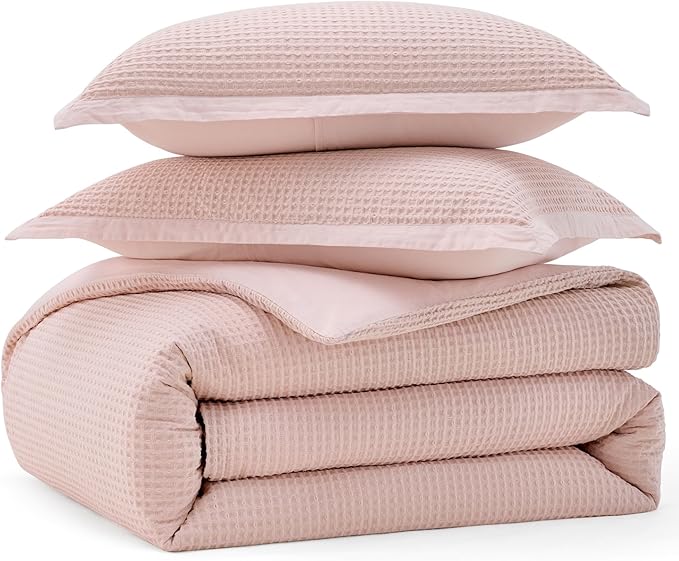Bedsure Cotton Duvet Cover King - 100% Cotton Waffle Weave Pink Duvet Cover King Size, GentleSoft™ and Breathable Bedding Set for All Season, 3 Pieces, 104"x90"