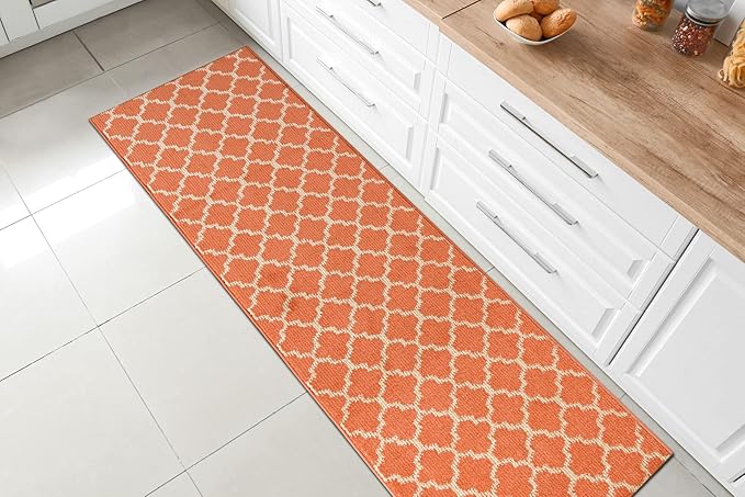 Custom Size Moroccan Trellis Runner Rug Mat for Wide Hallway Entryway Kitchen Laundry Room with Slip Resistant Latex Rubber Backing, Trellis Orange, 31 inch X 8 feet