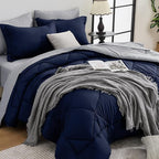 HEVUMYI Navy Blue & Grey California King Comforter Set - 7-Piece All Season Bed in a Bag Cal King, Ultra Soft Bedding Set with Comforter, Flat Sheet, Fitted Sheet, Pillowcases, Pillow Shams