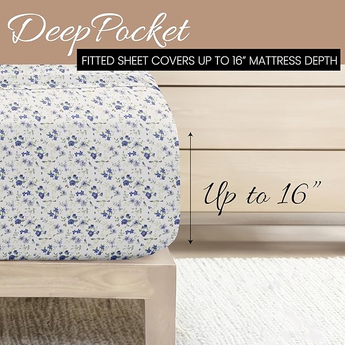 Linen Market Double-Brushed Patterned Microfiber Full Sheet Set 4 Piece – Oeko-TEX Certified Ultra Soft & Wrinkle-Free - 16" Deep Pocket Sheets - Easy Care Full Size - Blossoms Light Blue