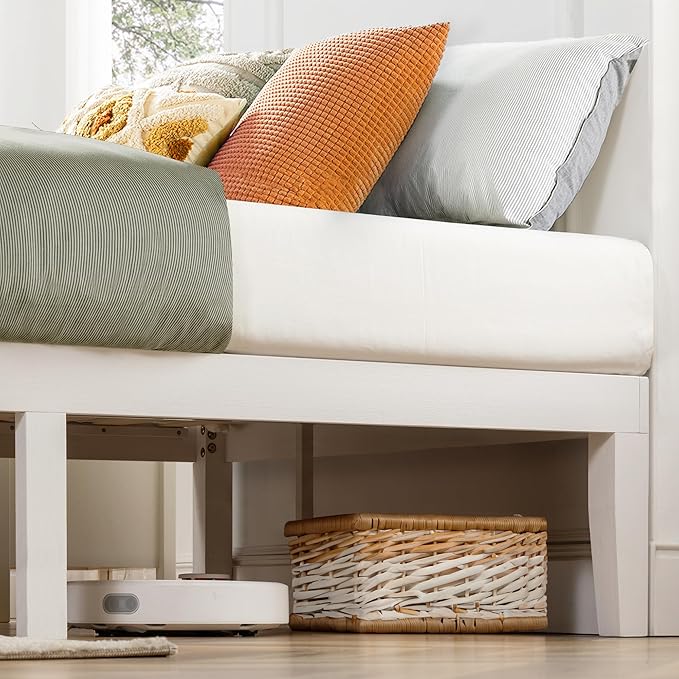 Mellow Naturalista Classic 16 Inch Solid Wood Platform Bed with Wooden Slats, White, Queen