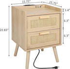 Finnhomy Nightstand with Charging Station, Bedside Table with 2 Hand Made Rattan Decorated Drawers, Night Stand with Storage for Bedroom, Natural