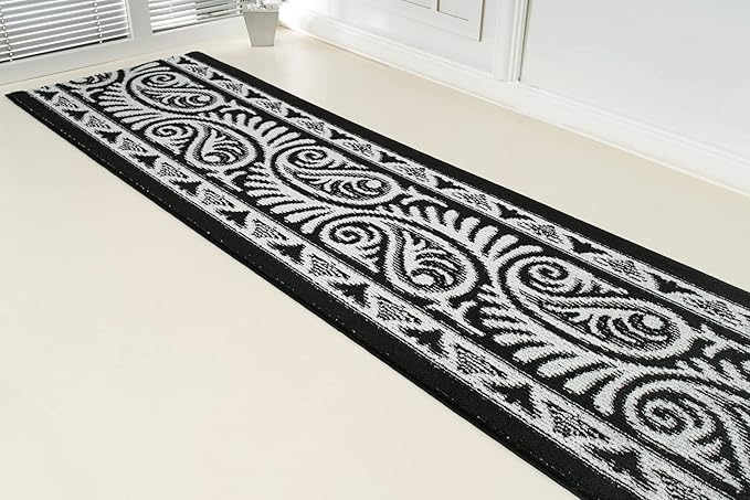 Custom Length Cut to Size Tribal Ethnic Southwestern Inspired Hallway Runner Rug, Non Slip Rubber Backed, 31 inch Wide X Customized Length, Mayan Black, 31 inch X 15 feet
