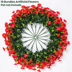Artificial Faux Flowers for Outdoor 16 Bundles Boxwood Fake Morning Glory for Planter,UV Resistant Fake Flowers for Home Porch Patio Outside（Red）