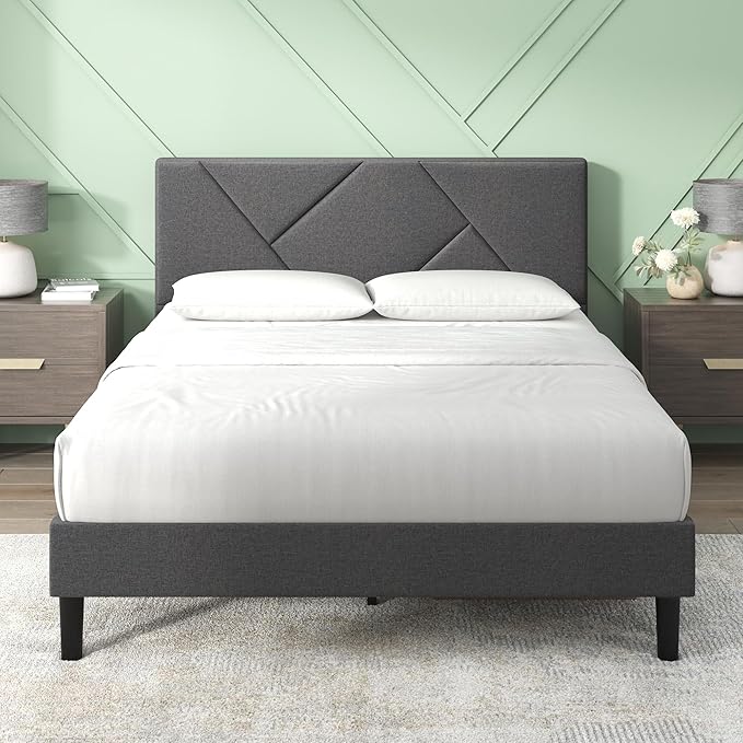 ZINUS Judy Upholstered Platform Bed Frame, Mattress Foundation, Wood Slat Support, No Box Spring Needed, Eco Friendly WonderBox (TM), Easy Assembly, Dark Grey, Queen
