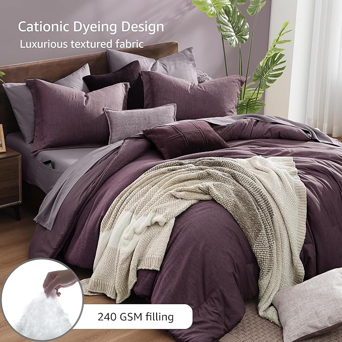 Monbix California King Comforter Set - 7 Pieces Cationic Dyeing Italian Plum Bed in a Bag Cal King Bed Sets with Comforter, Sheets, Pillowcases & Shams, Reversible Bedding Comforters Sets (108 * 92)