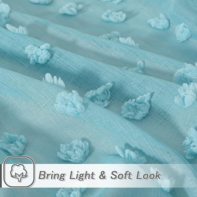 MYSKY HOME Pom Pom Teal Sheer Curtains for Bedroom Girls Room Curtains 84 Inches Long for Nursery Kids Light Filtering Boho Window Drapes, Rod Pocket, 52" Wide, 2 Panels