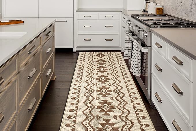 Custom Length Cut to Size Tribal Ethnic Southwestern Inspired Hallway Runner Rug, Non Slip Rubber Backed, 31 inch Wide X Customized Length, Aztec Beige, 31 inch X 4 feet, Doormat Size