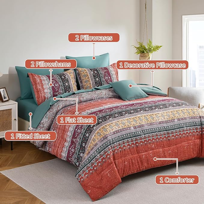 Boho King Size Comforter Set 8 Pieces, Orange and Green Bohemian Striped Bed in a Bag, Paisley Soft Microfiber Bedding Comforter Set