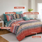 Boho King Size Comforter Set 8 Pieces, Orange and Green Bohemian Striped Bed in a Bag, Paisley Soft Microfiber Bedding Comforter Set