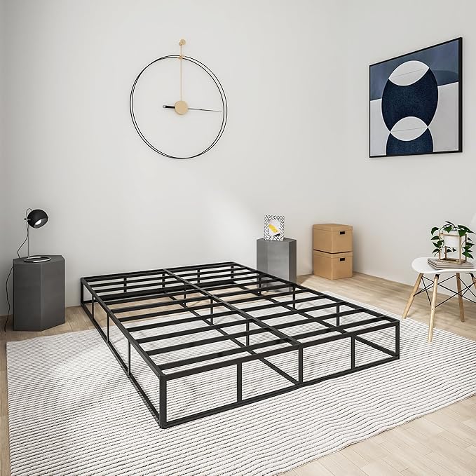 Qingzhou Box Spring Full Size Bed Bases, 9 Inch High Metal Full Size Box Spring Only, Heavy Duty Mattress Foundation with Fabric Cover, Easy Assembly, Quiet Noise Free, Non Slip, Black