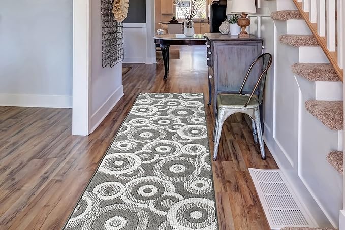 Custom Length Cut to Size Retro Modern Geometric Carpet Runner Rug for Hallways, Non Slip Rubber Backed, 31 inch Wide X Customized Length, Geo Grey, 31 inch X 4 feet, Doormat Size