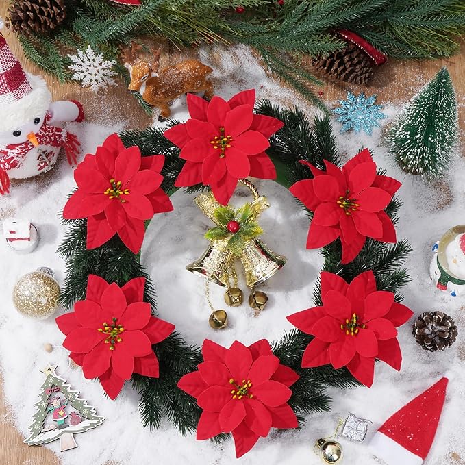 Christmas Decorations - 12 Pack Poinsettias Artificial Christmas Flowers, Fake Red Velvet Artificial Poinsettias Flowers for Christmas Tree Home Party Porch Yard Indoor Outdoor Decor