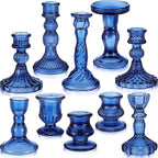 Mumufy 10 Pcs Glass Crystal Taper Candle Holders Clear Glass Candlestick Holder Fit 0.8 Inch Candles Crystal Decorative Candle Stand Centerpiece Table Wedding Dining Party (Classic,Blue)