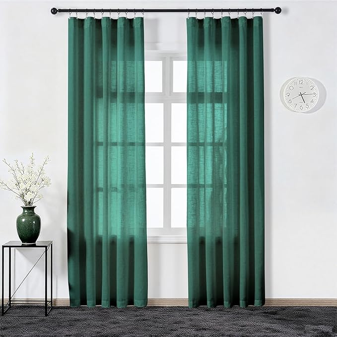 Emerald Green Curtains Semi Sheer 84 Inches Long, Dark Linen Textured Light Filtering Drapes for Living Room Dining, Hunter Green Window Decor, Pinch Pleat Curtain with Hooks