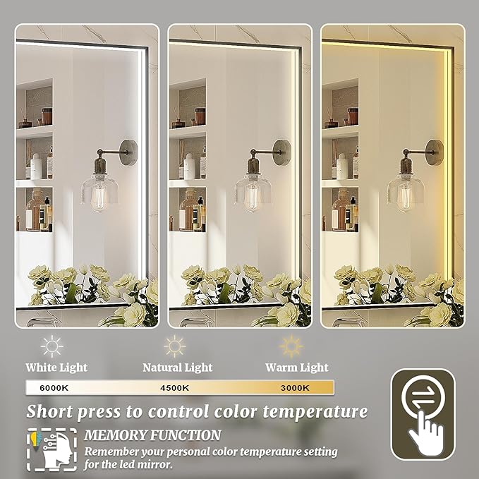 60x36 Inch LED Bathroom Mirror, Black Metal Framed Lighted Mirror for Bathroom, Wall Mouted LED Vanity Mirror with Lights, 3 Colors and Stepless Dimmable, Anti-Fog, Memory