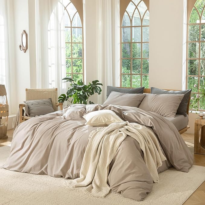 MooMee Bedding Duvet Cover Set 100% Washed Cotton Linen Like Textured Breathable Durable Soft Comfy (Heathered Taupe, Oversized Queen 98"x98")