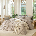 MooMee Bedding Duvet Cover Set 100% Washed Cotton Linen Like Textured Breathable Durable Soft Comfy (Heathered Taupe, Palatial King/Oversized King 120"x98")
