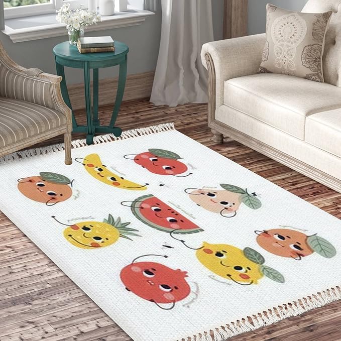 Boho Nursery Rug Cute Funny Fruits Characters Pear Banana Scandinavian Chic Area Rug Washable Rug Meditation Mat Minimalist Home Decor for Living Room Bedroom Playroom Classroom