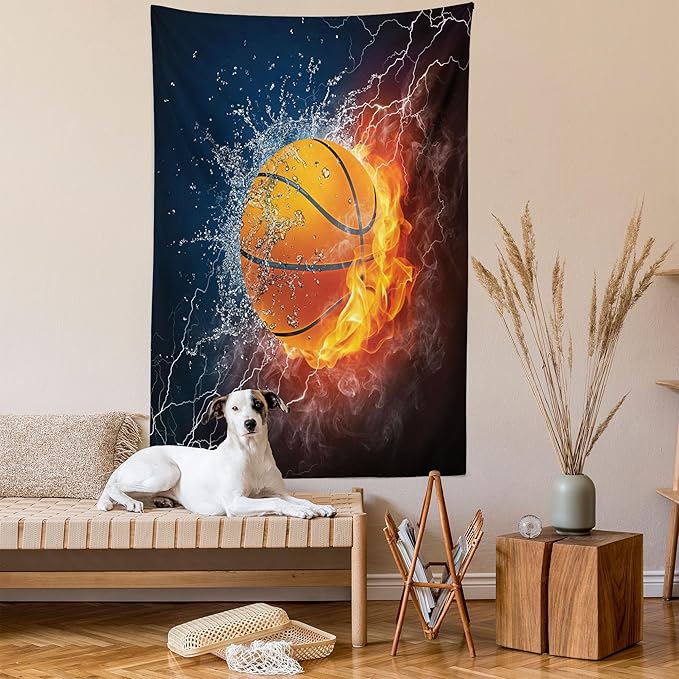 Ambesonne Sports Tapestry, Basketball Ball and Water Splashing Thunder Lightning Themed Design, Wall Hanging for Bedroom Living Room Dorm Decor, 60" X 80", Dark Blue and Burgundy
