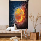 Ambesonne Sports Tapestry, Basketball Ball and Water Splashing Thunder Lightning Themed Design, Wall Hanging for Bedroom Living Room Dorm Decor, 40" X 60", Dark Blue and Burgundy
