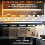 RadiantFlux 50ft LED Light Strip, Warm White Light 3000K-6000K, Ultra-Bright High Lumen, Dimmable 24V LED Light Strip with Remote Control, Flexible Light Strip for Easy Installation