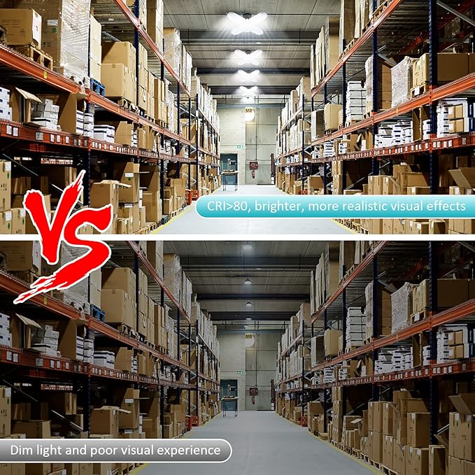 LED Garage Lights 4 Pack, New Upgrade 80W Deformable Shop Lights with 4 Adjustable Panels, E26/E27 LED Ceiling Light, 8000LM 6500K Hight Bay Light for Basement Warehouse Workshop