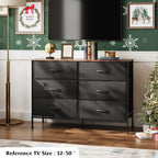 WLIVE Wide Dresser with 6 Drawers, TV Stand for 50 Inches TV, Entertainment Center with Metal Frame, Wooden Top, Fabric Storage Dresser for Bedroom, Hallway, Entryway, Black and Rustic Brown