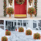 Set of 2 Artificial Topiary Boxwood Rose Ball Christmas Trees with Ground Spike,23" UV Resistant Outdoor Xmas Decor Faux Greenery Shrubs with Flowers, Fake Plants Bush for Garden, Yard, Porch