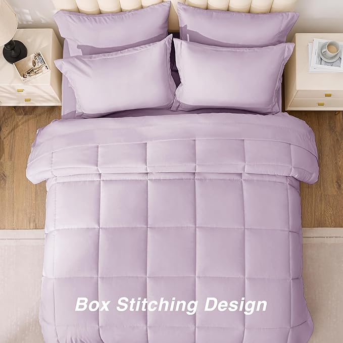 Love's cabin Queen Comforter Set Light Purple, 7 Pieces Queen Bed in a Bag, All Season Bedding Sets with 1 Comforter, 1 Flat Sheet, 1 Fitted Sheet, 2 Pillowcase and 2 Pillow Sham