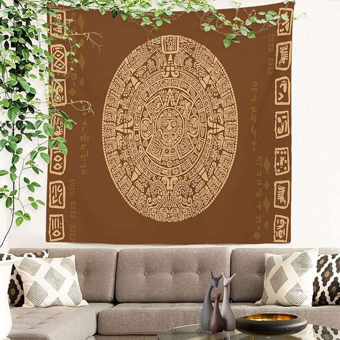 Batmerry Brown Ancient Mayan Tapestry, Calendar Wall Art Hanging Decoration Polyester Fiber White Ruffled Around for Dorm Room Bedroom Living Room, 59.1x59.1 inches