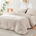 HYMOKEGE Beige Oversized Queen Comforter Set Seersucker 7 Pieces, All Season Luxury Bed in a Bag for Bedroom, Bedding Set with Comforter, Sheets, Pillowcases & Shams