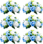NUPTIO Pcs of 6 Fake Flower Ball Arrangement Bouquet,15 Heads Plastic Roses with Base, Suitable for Our Store's Wedding Centerpiece Flower Rack for Parties Valentine's Day Home Décor (Blue & White)