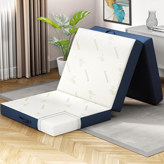 Cozzzi Trifold Mattress for Floor and Traveling with Removable Cover - Lightweight and Portable Mattress for Adults & Kids - Compact and Easy to Storage (75in x 31in x 4in, Navy)