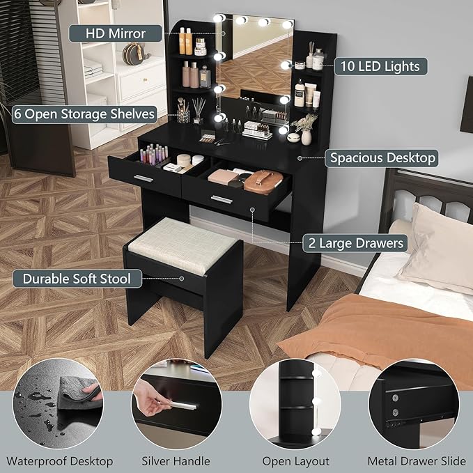 usikey Vanity Desk with Mirror & Lights, Makeup Vanity Table with 2 Large Drawers, 6 Storage Shelves & Stool, Bedroom Dressing Vanity Table with 3 Color Light Adjustable, Black