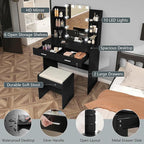 usikey Vanity Desk with Mirror & Lights, Makeup Vanity Table with 2 Large Drawers, 6 Storage Shelves & Stool, Bedroom Dressing Vanity Table with 3 Color Light Adjustable, Black