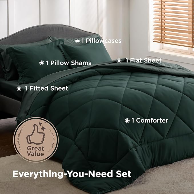 Bedsure Twin Comforter Set - 5 Pieces Reversible Emerald Green Bedding, Twin Size Bed Set for All Seasons, Bed in a Bag with Down Alternative Comforter, Sheets, Pillowcase & Sham