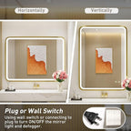 28x36 Inch LED Bathroom Mirror with lights,Wall Mounted Lighted Vanity Mirrors with Non-Rusting Gold Metal Frame Anti-Fog Memory Funtion Stepless Dimmable for Bathroom Decor(Horizontal&Vertical)