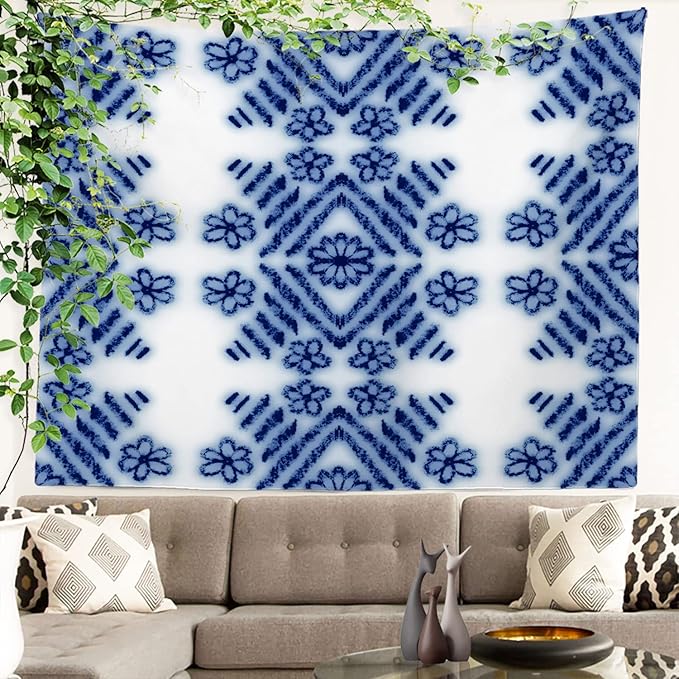 Batmerry Blue Art Flower Tapestry, Blue White Ceramic Glaze Tie Dye Wall Art Hanging Decoration Polyester Fiber White Ruffled Around for Dorm Room Bedroom Living Room, 39.1x59.1 inches