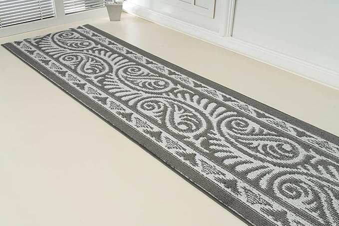Custom Length Cut to Size Tribal Ethnic Southwestern Inspired Hallway Runner Rug, Non Slip Rubber Backed, 31 inch Wide X Customized Length, Mayan Grey, 31 inch X 20 feet