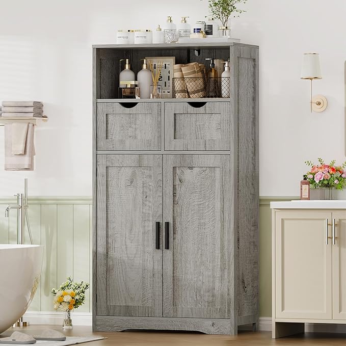 Iwell Storage Cabinet with 2 Drawers & 2 Adjustable Shelves, Kitchen Cabinet, Cupboard, for Living Room, Kitchen, Entryway, Home Office, Grey