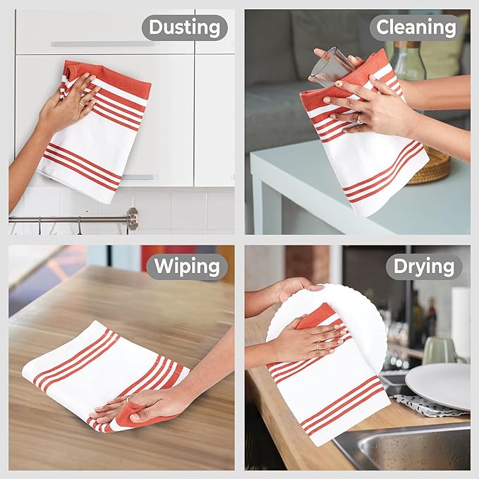 Urban Villa Kitchen Towels 100% Cotton Pack of 6 Highly Absorbent Quick Drying Soft Premium Dish Towels for Kitchen with Hanging Loop Thanksgiving Fall TeaTowels - 20x30 Inch (Rust & White Striped)