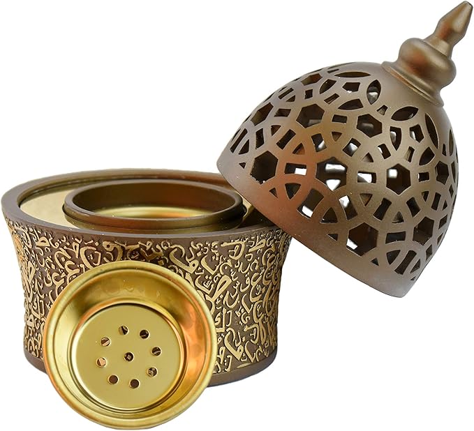 Intense Oud Calligraphy Style Closed Resin Incense Burner – 8 Inches, Coffee Metal Tray, Arabian Bakhoor Burner for Yoga, Aromatherapy, Home, Office & Bedroom Decor