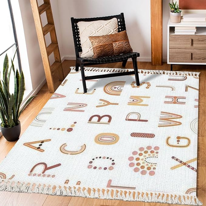Boho Rug Rainbows Terracotta Colors Neutral Nursery Art Scandinavian Chic Area Washable Hallway Runner Meditation Mat Minimalist Home Decor for Living Room Bedroom Playroom Classroom, 3'x5